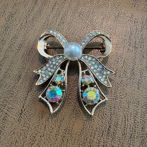 Gold Bow Brooch with Aurora Borealis Crystals and Pearl Accent